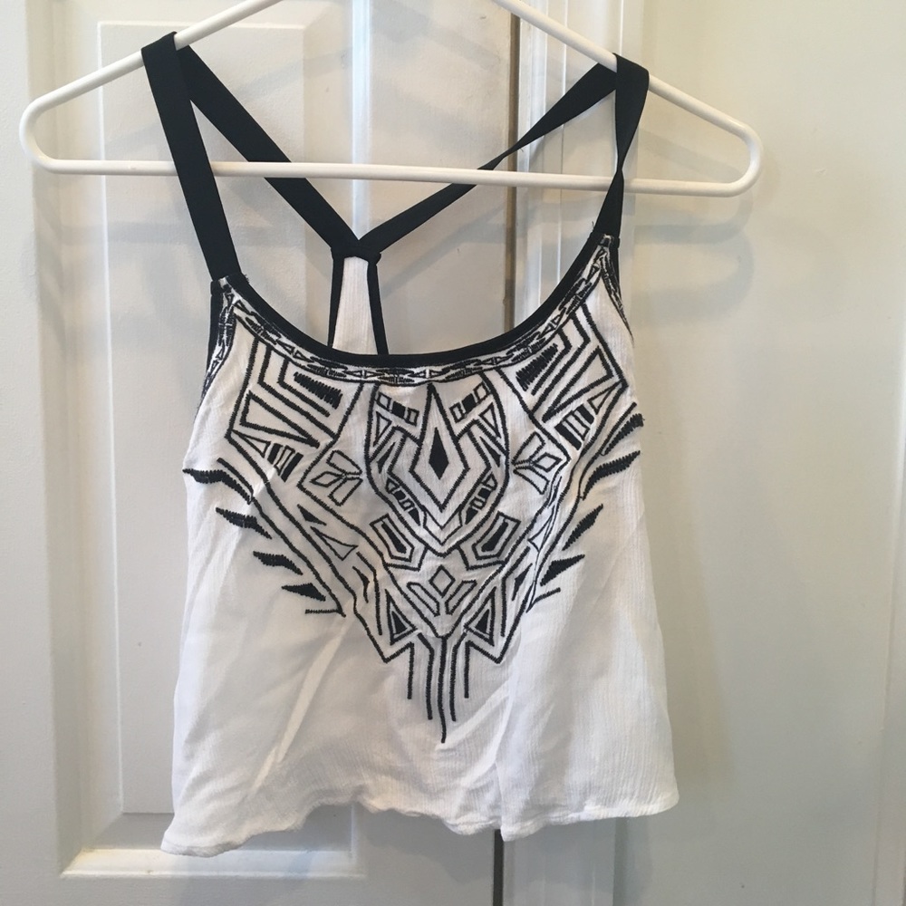 Black and White Embroidered Cropped Racerback Tank